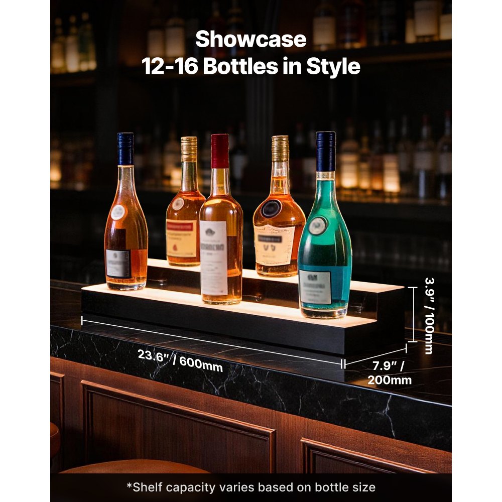 VEVOR LED Lighted Liquor Bottle Display, 2 Tiers 24 inches, Supports USB, Acrylic Illuminated Home Bar Shelf Display with RF Remote & App Control, 9 Static Colors, Timing Mode, for 12-16 Bottles