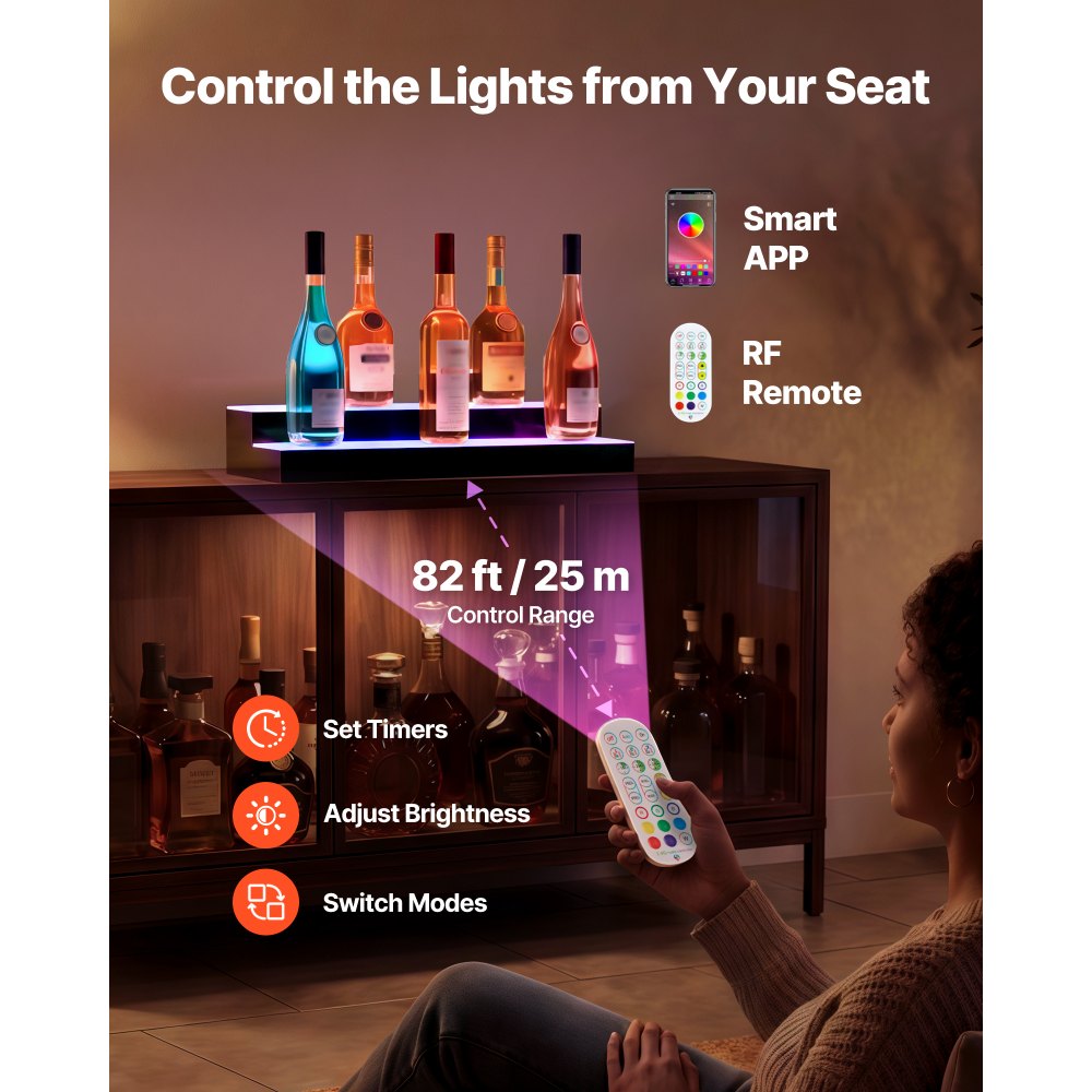 VEVOR LED Lighted Liquor Bottle Display, 2 Tiers 24 inches, Supports USB, Acrylic Illuminated Home Bar Shelf Display with RF Remote & App Control, 9 Static Colors, Timing Mode, for 12-16 Bottles