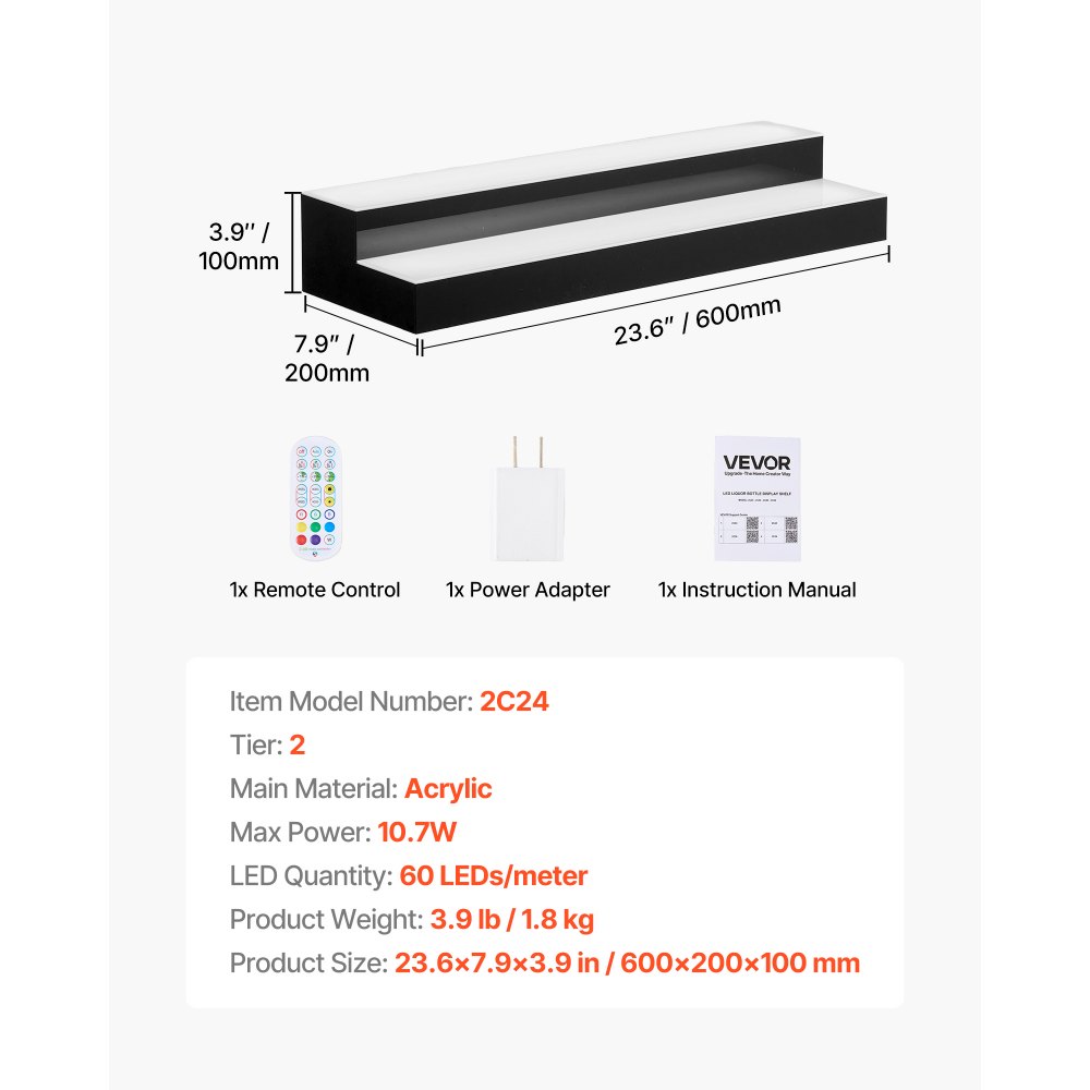 VEVOR LED Lighted Liquor Bottle Display, 2 Tiers 24 inches, Supports USB, Acrylic Illuminated Home Bar Shelf Display with RF Remote & App Control, 9 Static Colors, Timing Mode, for 12-16 Bottles