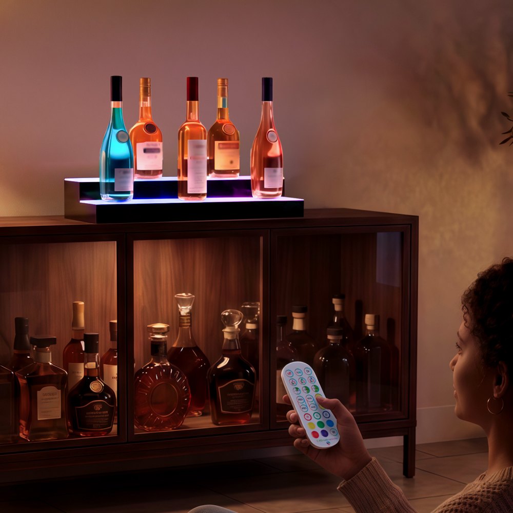 VEVOR LED Lighted Liquor Bottle Display, 2 Tiers 24 inches, Supports USB, Acrylic Illuminated Home Bar Shelf Display with RF Remote & App Control, 9 Static Colors, Timing Mode, for 12-16 Bottles