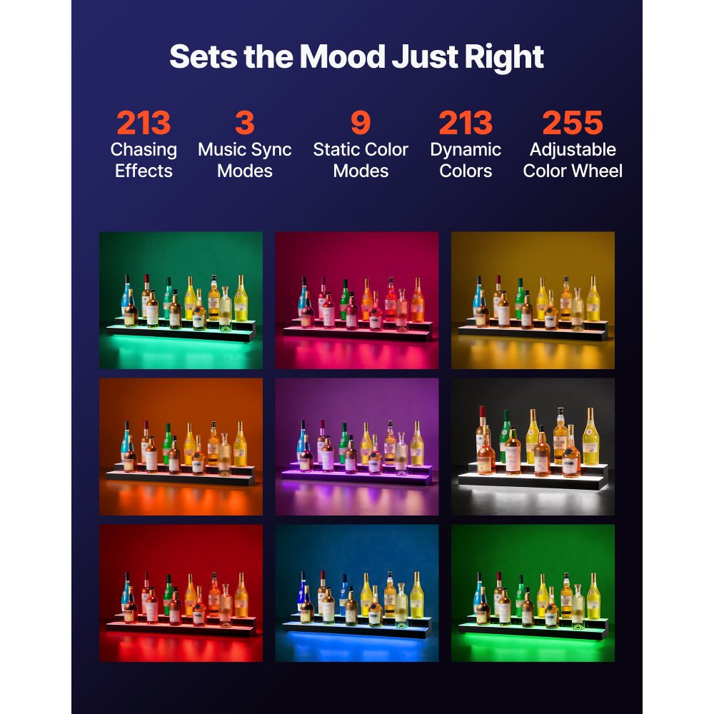 VEVOR LED Lighted Liquor Bottle Display, 2 Tiers 40 inches, Supports USB, Acrylic Illuminated Home Bar Shelf Display with RF Remote & App Control, 9 Static Colors, Timing Mode, for 20-28 Bottles