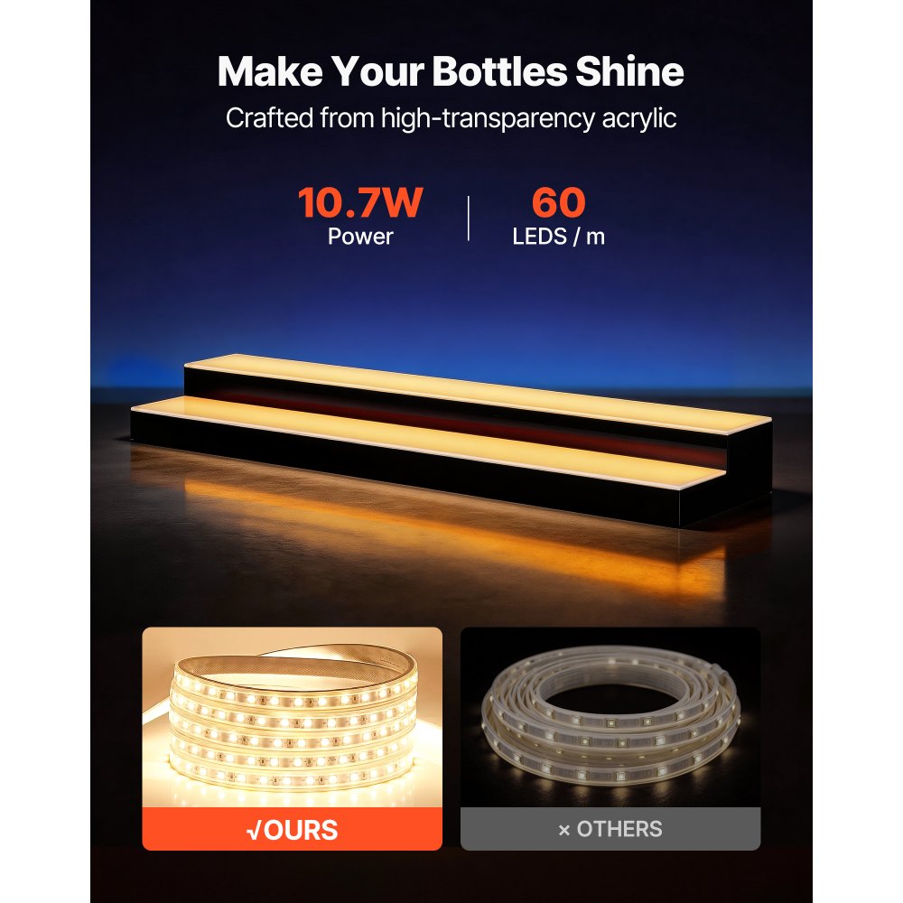 VEVOR LED Lighted Liquor Bottle Display, 2 Tiers 40 inches, Supports USB, Acrylic Illuminated Home Bar Shelf Display with RF Remote & App Control, 9 Static Colors, Timing Mode, for 20-28 Bottles