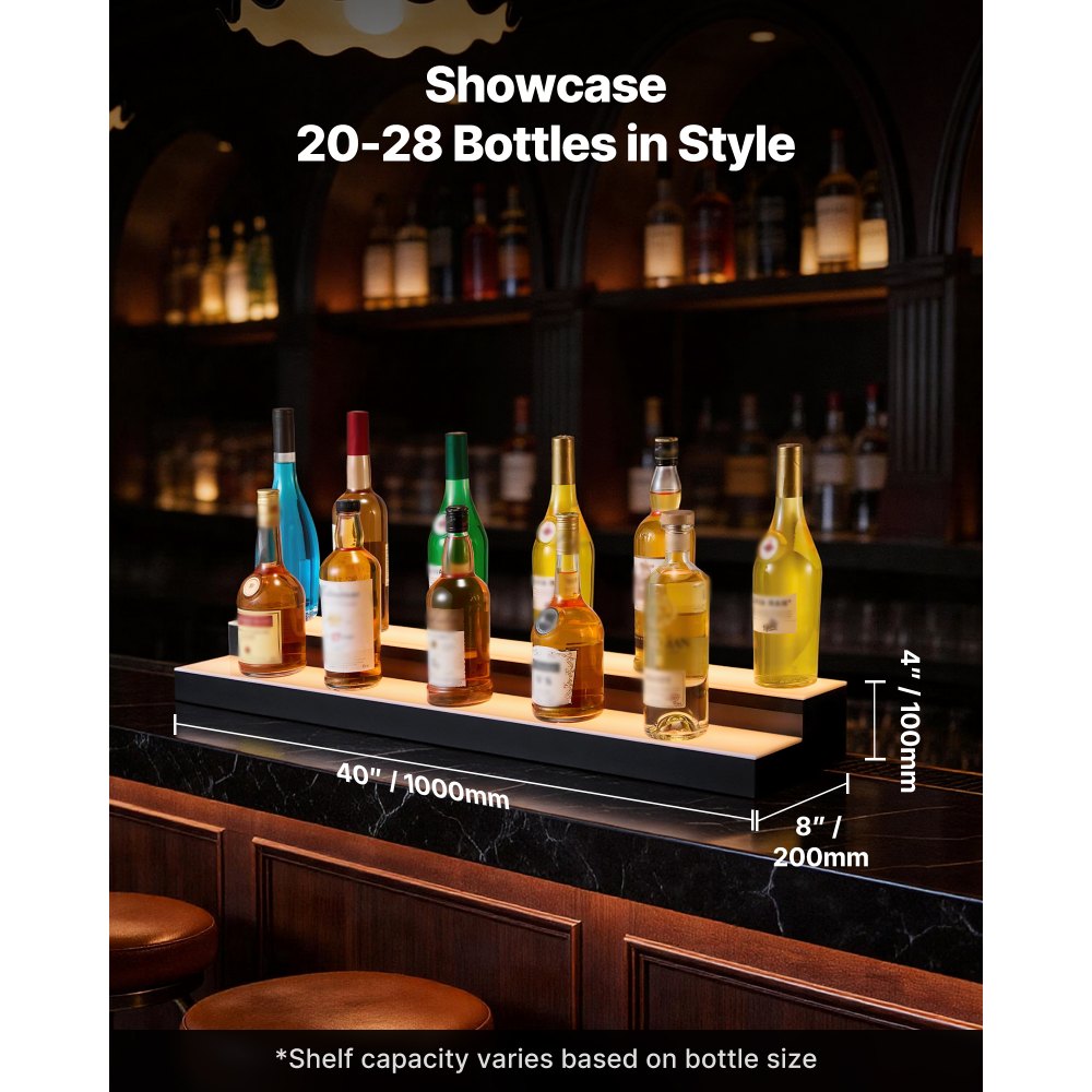 VEVOR LED Lighted Liquor Bottle Display, 2 Tiers 40 inches, Supports USB, Acrylic Illuminated Home Bar Shelf Display with RF Remote & App Control, 9 Static Colors, Timing Mode, for 20-28 Bottles