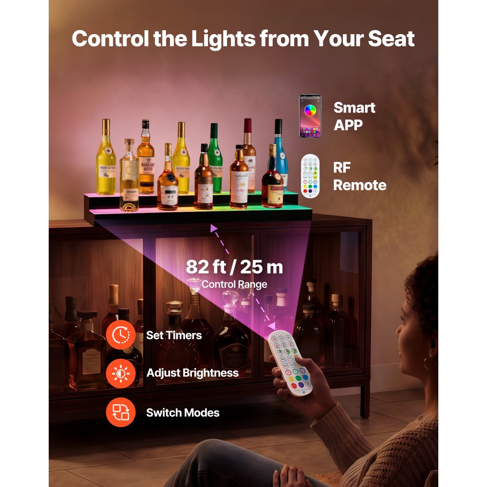 VEVOR LED Lighted Liquor Bottle Display, 2 Tiers 40 inches, Supports USB, Acrylic Illuminated Home Bar Shelf Display with RF Remote & App Control, 9 Static Colors, Timing Mode, for 20-28 Bottles