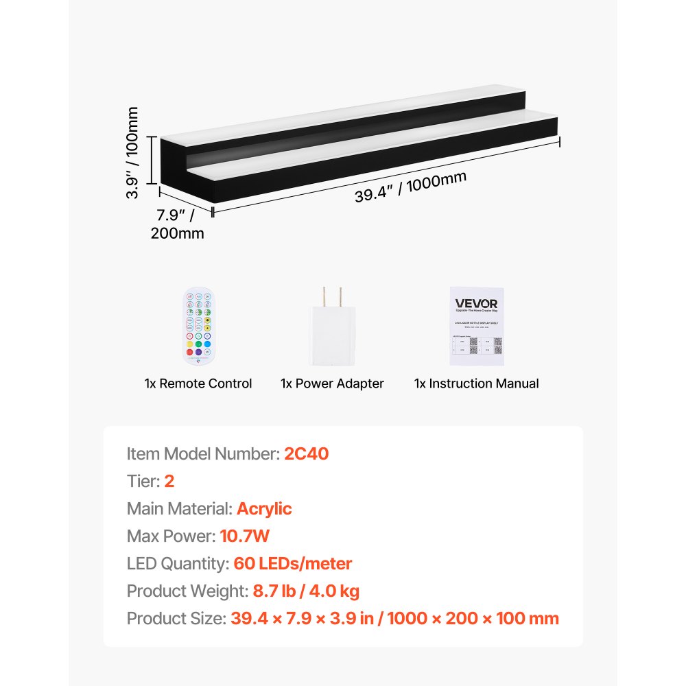 VEVOR LED Lighted Liquor Bottle Display, 2 Tiers 40 inches, Supports USB, Acrylic Illuminated Home Bar Shelf Display with RF Remote & App Control, 9 Static Colors, Timing Mode, for 20-28 Bottles