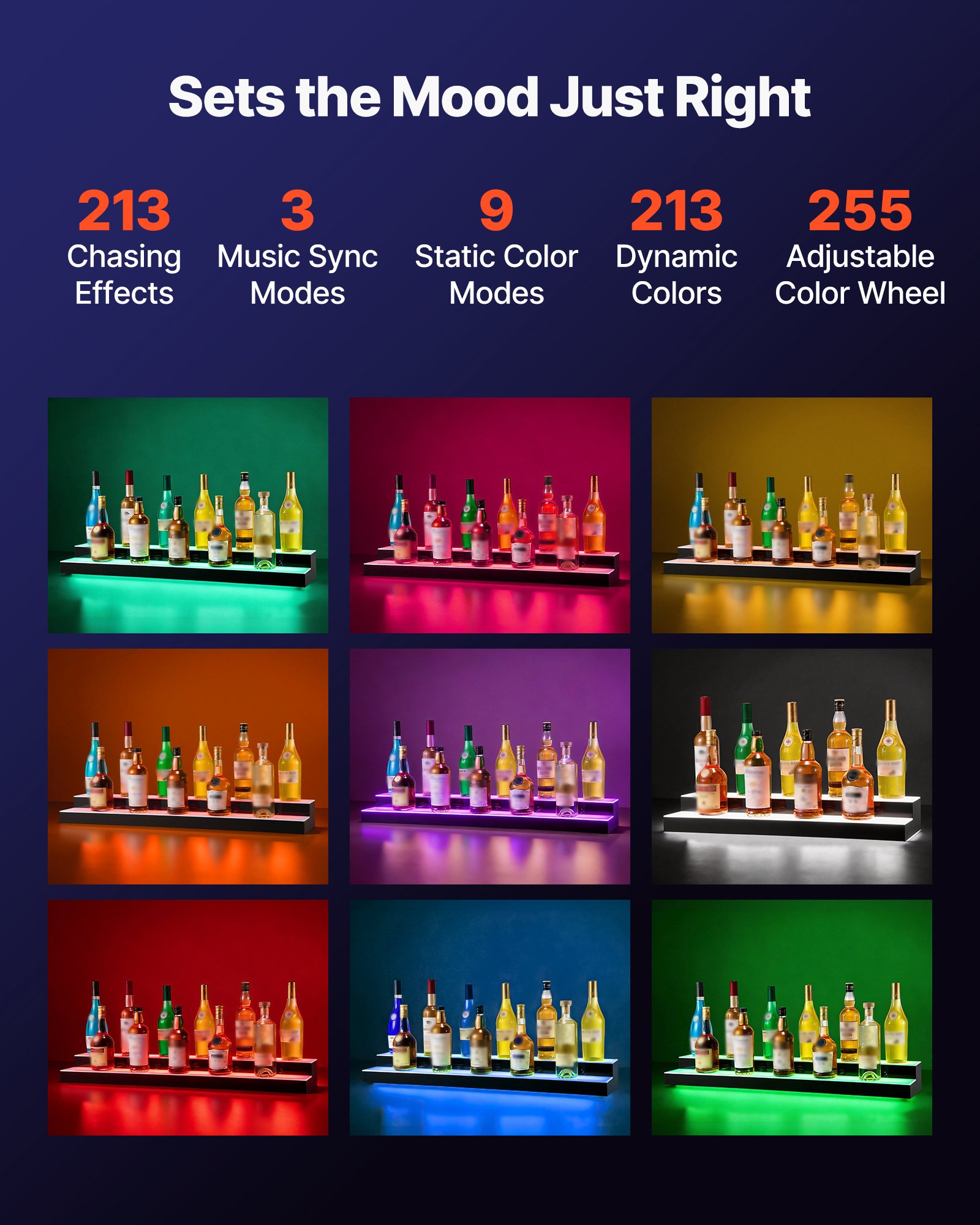 VEVOR LED Lighted Liquor Bottle Display, 2 Tiers 40 inches, Supports USB, Acrylic Illuminated Home Bar Shelf Display with RF Remote & App Control, 9 Static Colors, Timing Mode, for 20-28 Bottles