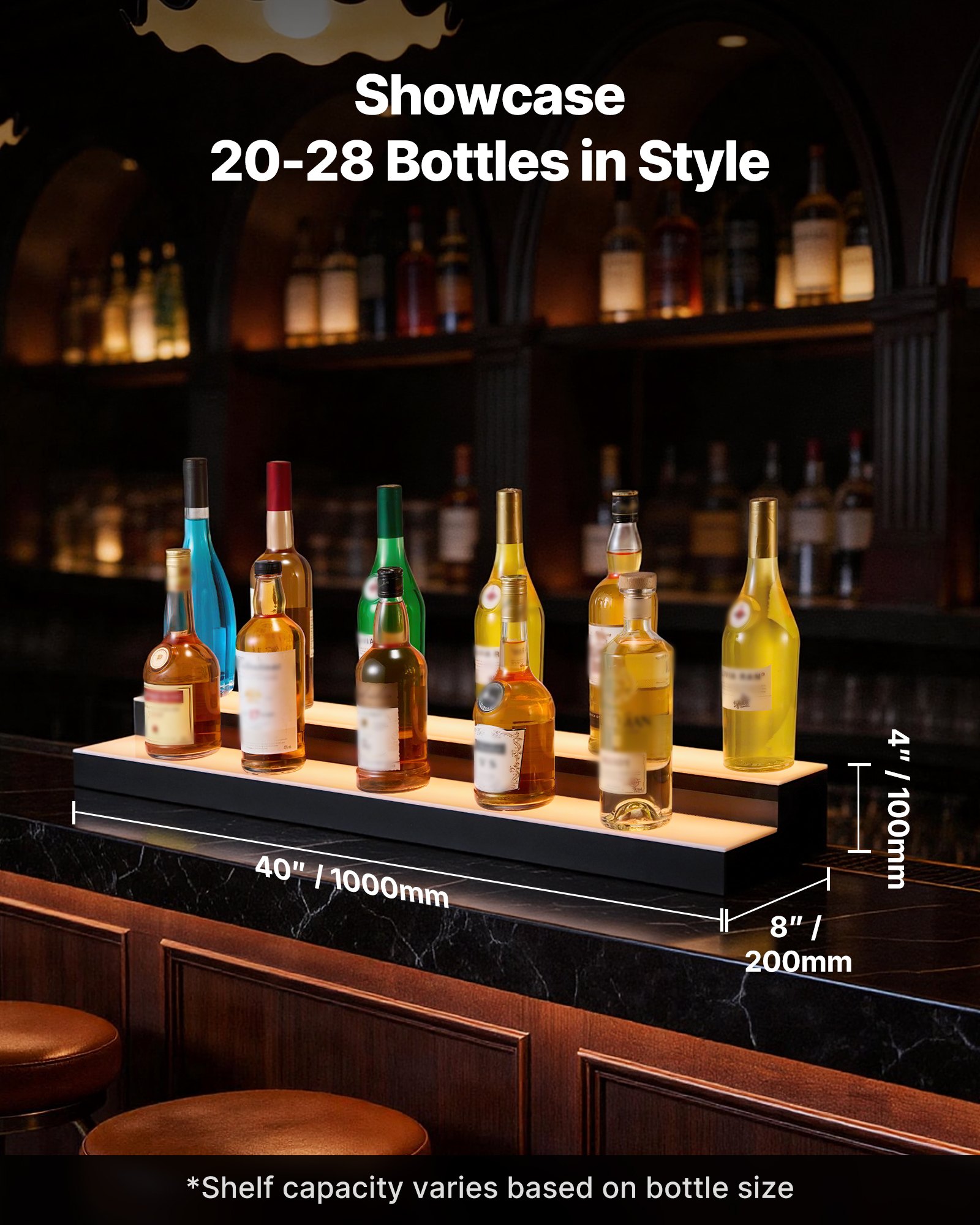 VEVOR LED Lighted Liquor Bottle Display, 2 Tiers 40 inches, Supports USB, Acrylic Illuminated Home Bar Shelf Display with RF Remote & App Control, 9 Static Colors, Timing Mode, for 20-28 Bottles