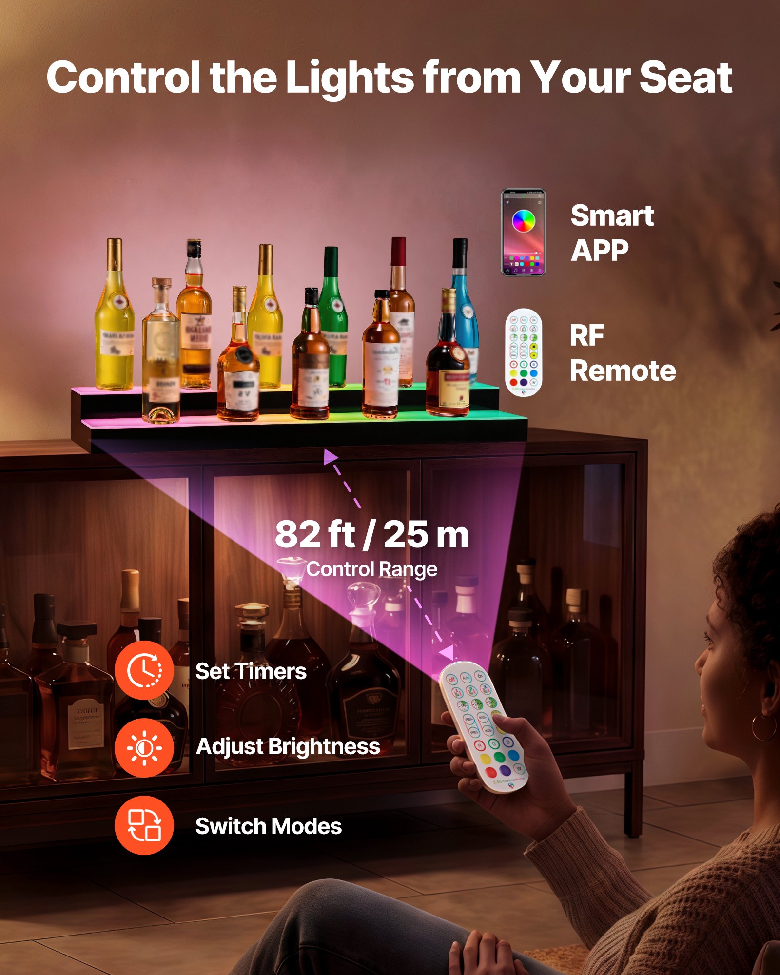 VEVOR LED Lighted Liquor Bottle Display, 2 Tiers 40 inches, Supports USB, Acrylic Illuminated Home Bar Shelf Display with RF Remote & App Control, 9 Static Colors, Timing Mode, for 20-28 Bottles