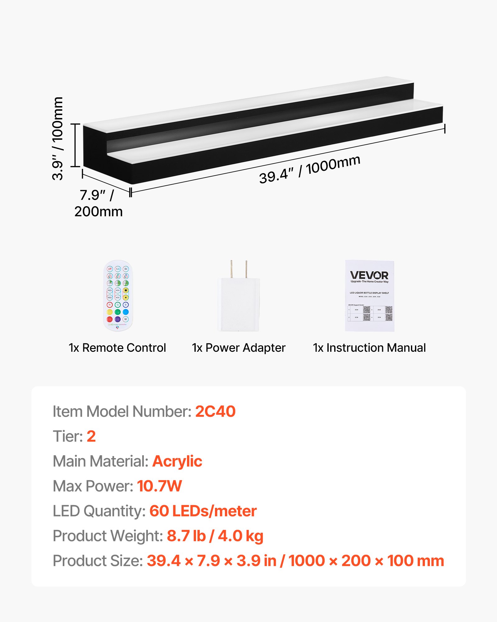 VEVOR LED Lighted Liquor Bottle Display, 2 Tiers 40 inches, Supports USB, Acrylic Illuminated Home Bar Shelf Display with RF Remote & App Control, 9 Static Colors, Timing Mode, for 20-28 Bottles