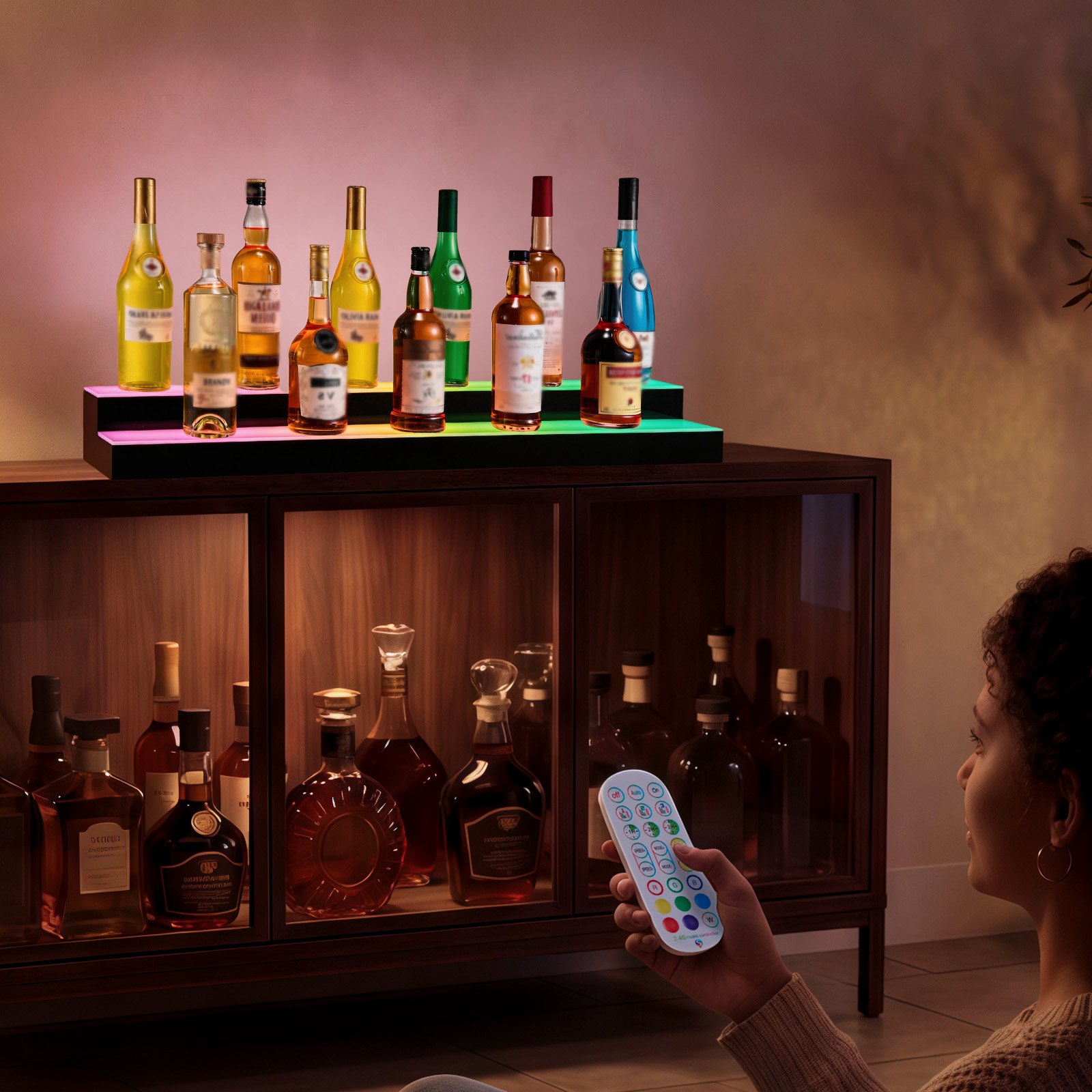 VEVOR LED Lighted Liquor Bottle Display, 2 Tiers 40 inches, Supports USB, Acrylic Illuminated Home Bar Shelf Display with RF Remote & App Control, 9 Static Colors, Timing Mode, for 20-28 Bottles