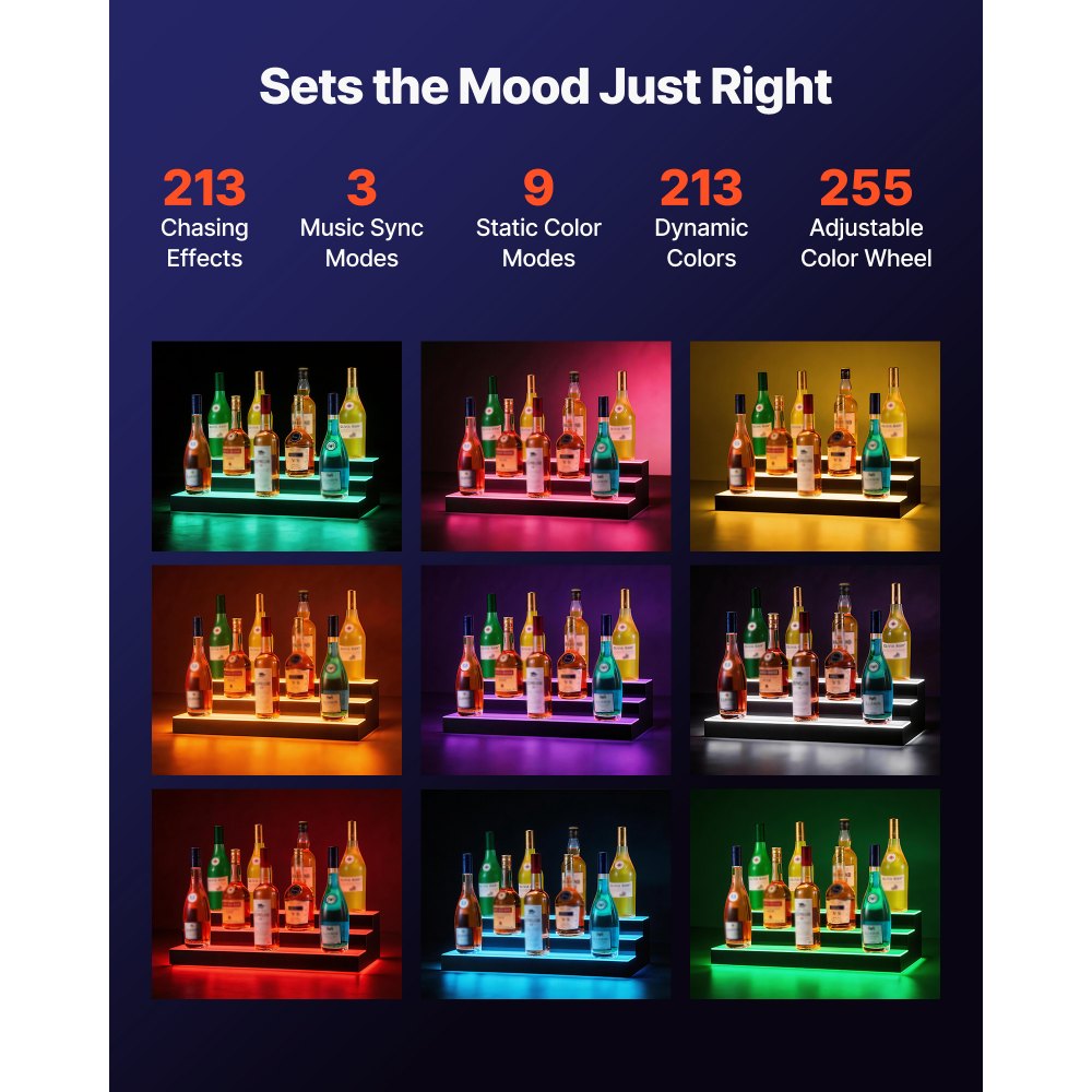 VEVOR LED Lighted Liquor Bottle Display, 3 Tiers 24 inches, Supports USB, Acrylic Illuminated Home Bar Shelf Display with RF Remote & App Control, 9 Static Colors, Timing Mode, for 18-24 Bottles