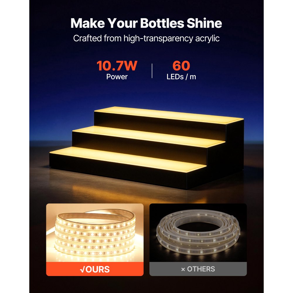 VEVOR LED Lighted Liquor Bottle Display, 3 Tiers 24 inches, Supports USB, Acrylic Illuminated Home Bar Shelf Display with RF Remote & App Control, 9 Static Colors, Timing Mode, for 18-24 Bottles