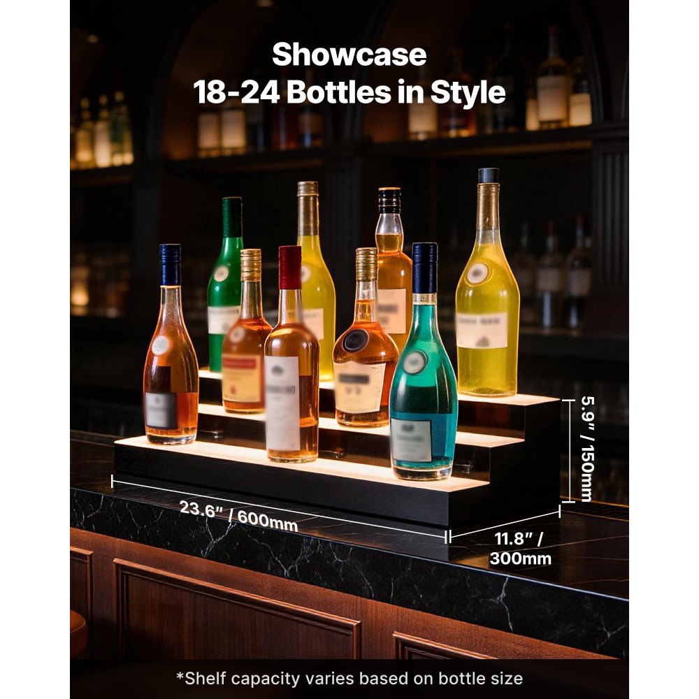 VEVOR LED Lighted Liquor Bottle Display, 3 Tiers 24 inches, Supports USB, Acrylic Illuminated Home Bar Shelf Display with RF Remote & App Control, 9 Static Colors, Timing Mode, for 18-24 Bottles
