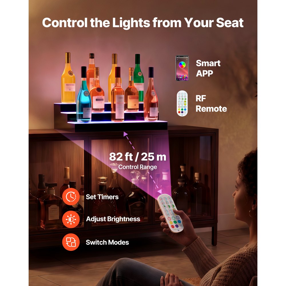 VEVOR LED Lighted Liquor Bottle Display, 3 Tiers 24 inches, Supports USB, Acrylic Illuminated Home Bar Shelf Display with RF Remote & App Control, 9 Static Colors, Timing Mode, for 18-24 Bottles