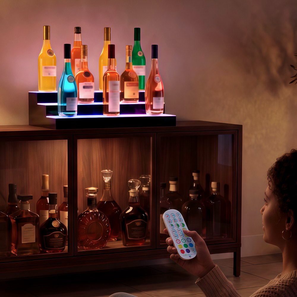 VEVOR LED Lighted Liquor Bottle Display, 3 Tiers 24 inches, Supports USB, Acrylic Illuminated Home Bar Shelf Display with RF Remote & App Control, 9 Static Colors, Timing Mode, for 18-24 Bottles