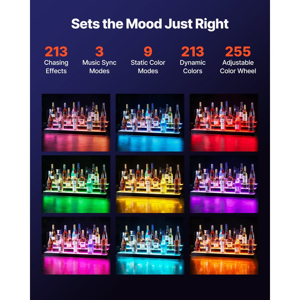VEVOR LED Lighted Liquor Bottle Display, 3 Tiers 40 inches, Acrylic Illuminated Home Bar Shelf Display with RF Remote & App Control, DIY Setup with Type-C Cables, 9 Static Colors, for 30-39 Bottles