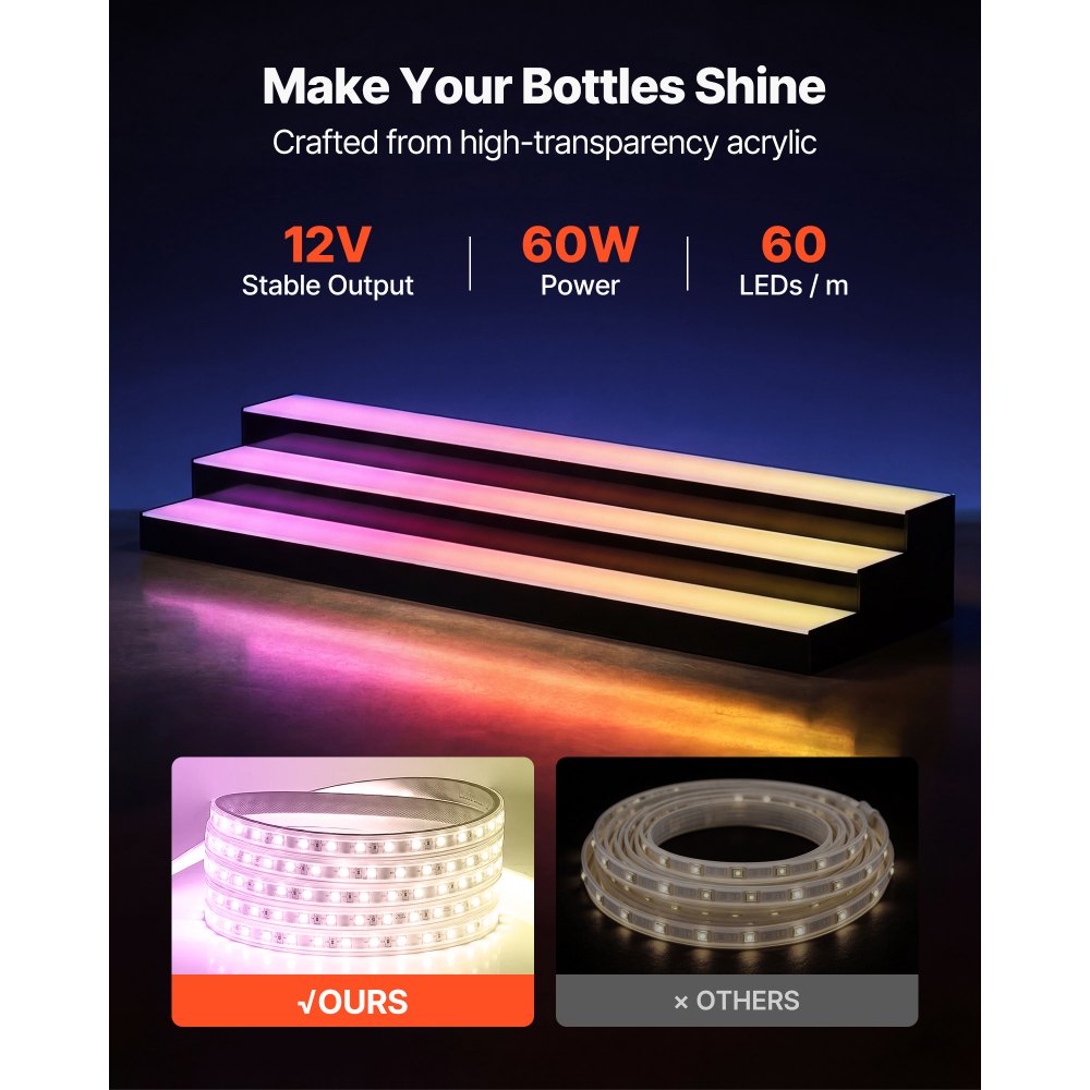 VEVOR LED Lighted Liquor Bottle Display, 3 Tiers 40 inches, Acrylic Illuminated Home Bar Shelf Display with RF Remote & App Control, DIY Setup with Type-C Cables, 9 Static Colors, for 30-39 Bottles