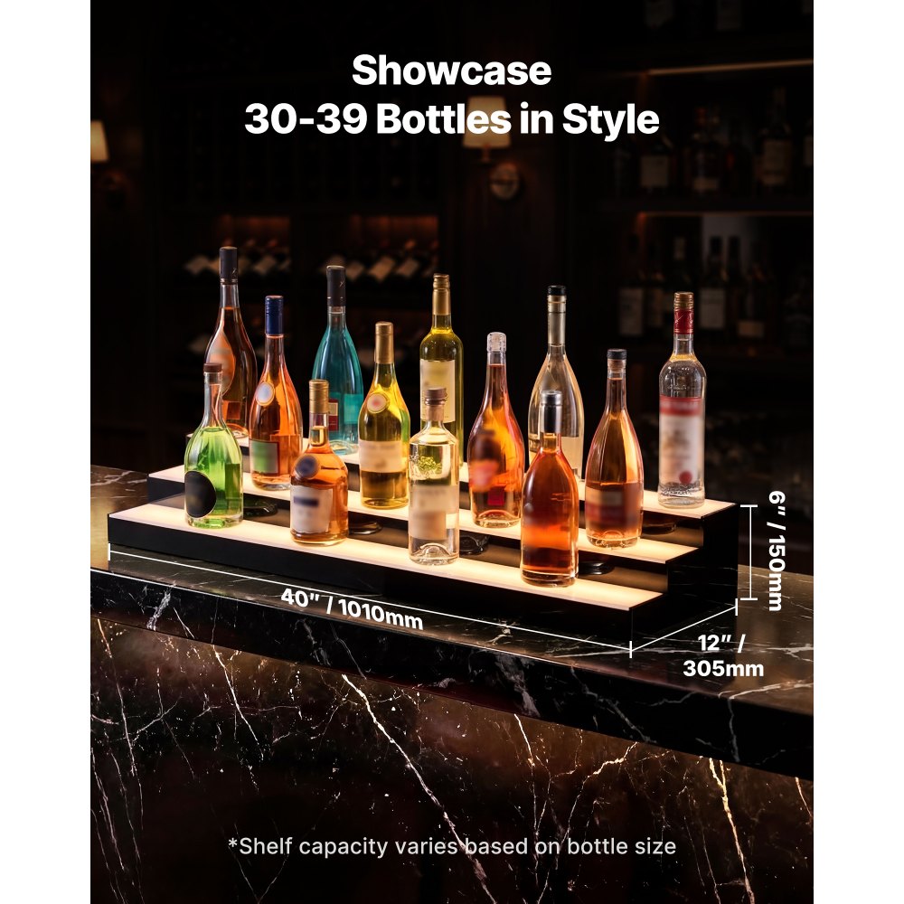 VEVOR LED Lighted Liquor Bottle Display, 3 Tiers 40 inches, Acrylic Illuminated Home Bar Shelf Display with RF Remote & App Control, DIY Setup with Type-C Cables, 9 Static Colors, for 30-39 Bottles