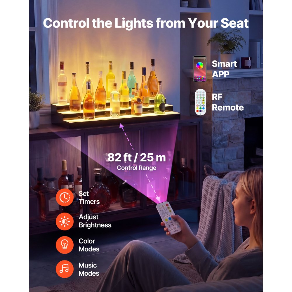 VEVOR LED Lighted Liquor Bottle Display, 3 Tiers 40 inches, Acrylic Illuminated Home Bar Shelf Display with RF Remote & App Control, DIY Setup with Type-C Cables, 9 Static Colors, for 30-39 Bottles
