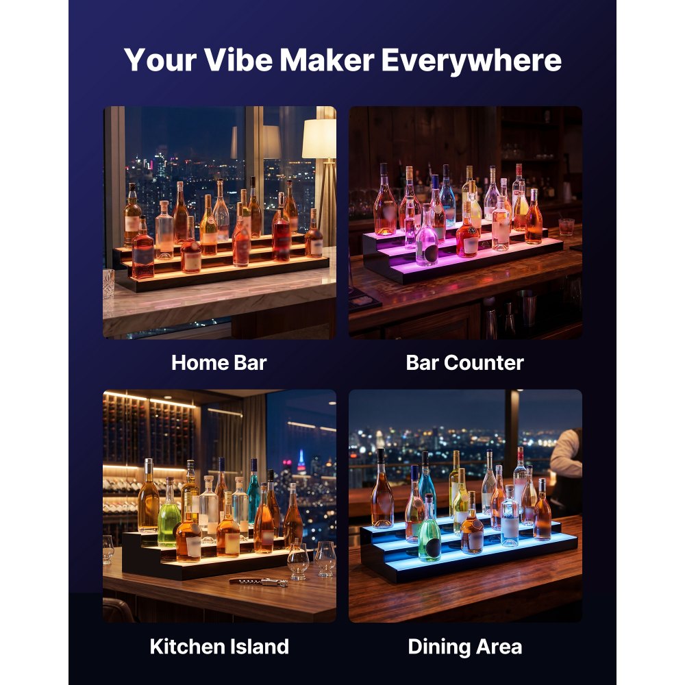 VEVOR LED Lighted Liquor Bottle Display, 3 Tiers 40 inches, Acrylic Illuminated Home Bar Shelf Display with RF Remote & App Control, DIY Setup with Type-C Cables, 9 Static Colors, for 30-39 Bottles