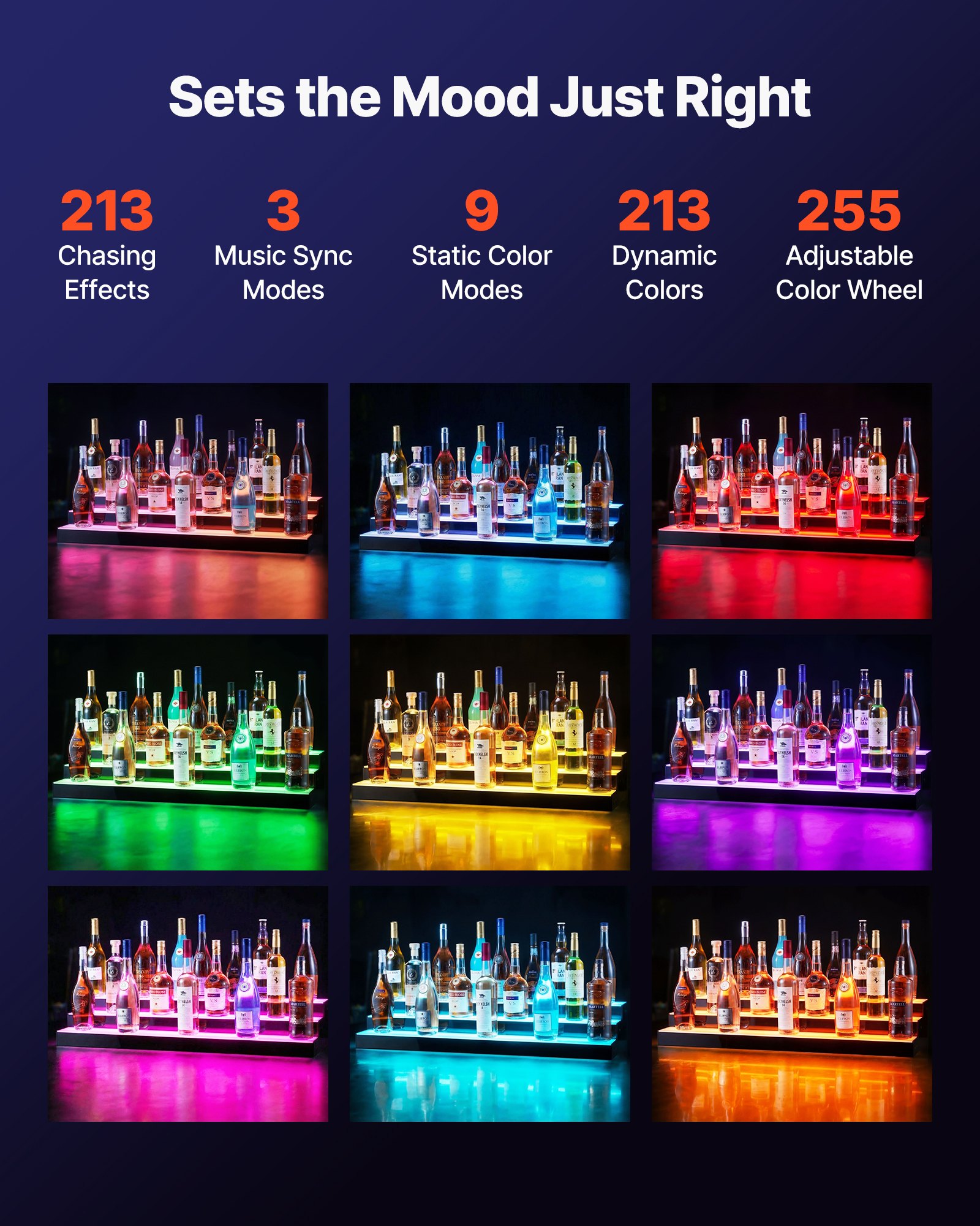 VEVOR LED Lighted Liquor Bottle Display, 3 Tiers 40 inches, Acrylic Illuminated Home Bar Shelf Display with RF Remote & App Control, DIY Setup with Type-C Cables, 9 Static Colors, for 30-39 Bottles