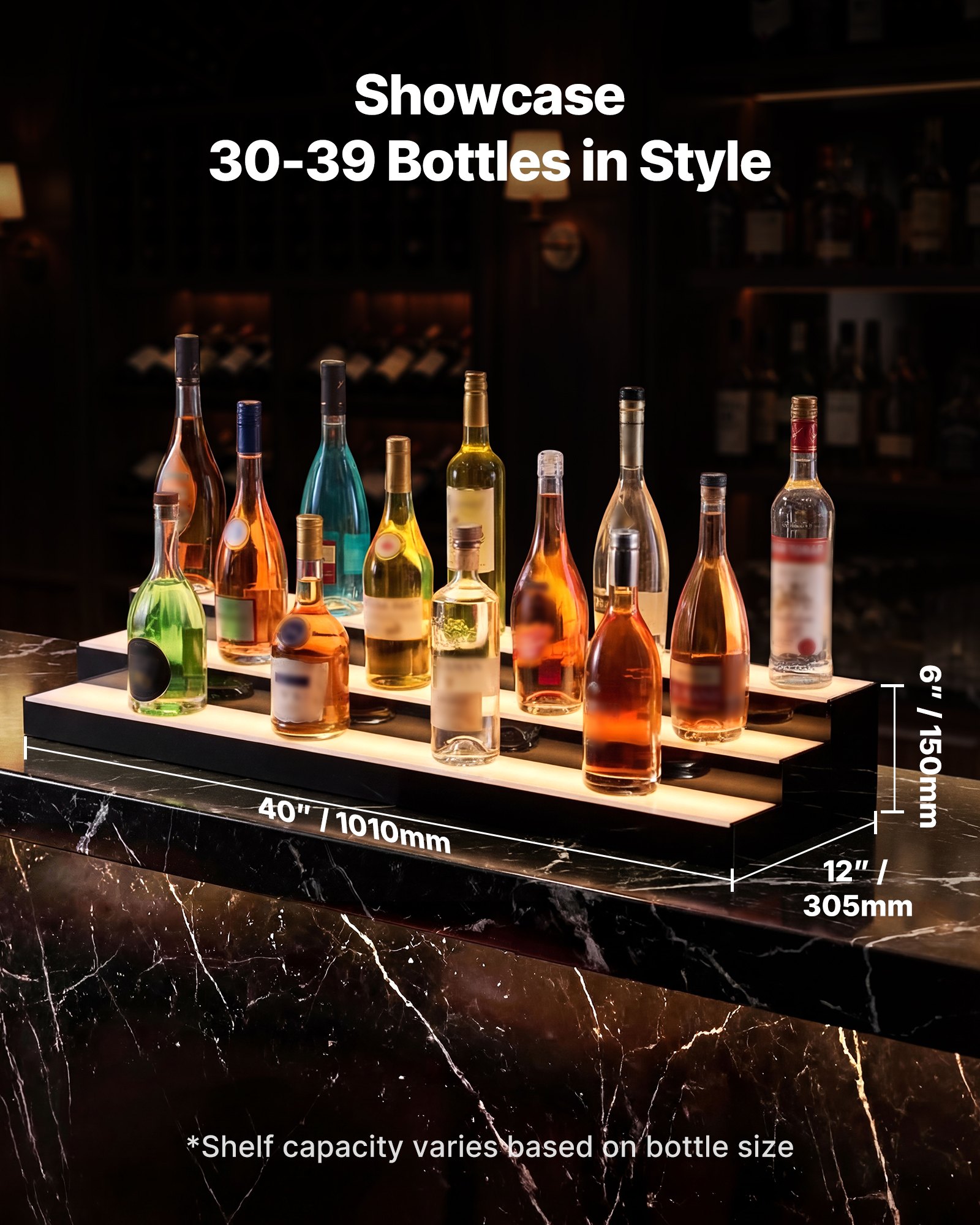 VEVOR LED Lighted Liquor Bottle Display, 3 Tiers 40 inches, Acrylic Illuminated Home Bar Shelf Display with RF Remote & App Control, DIY Setup with Type-C Cables, 9 Static Colors, for 30-39 Bottles
