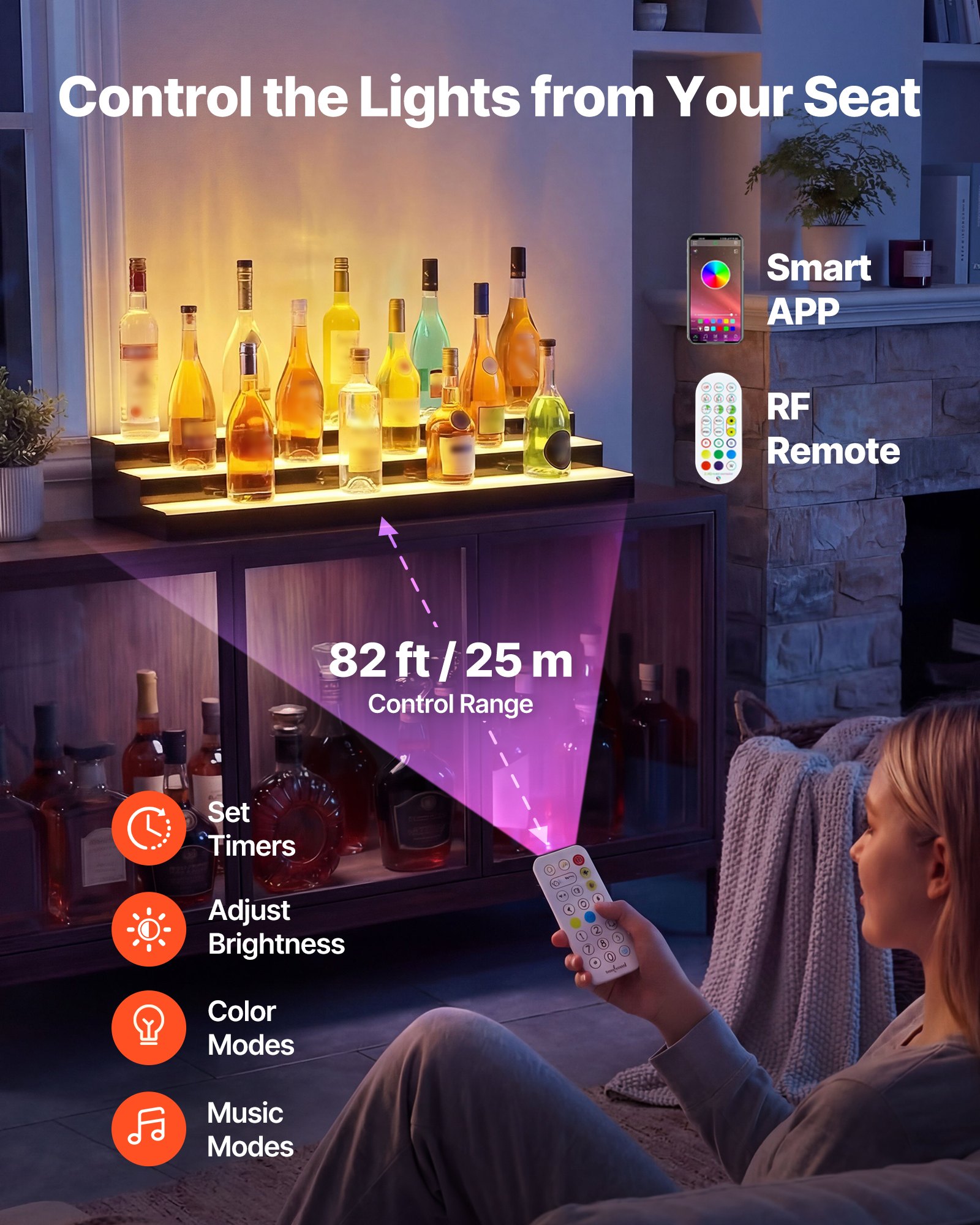 VEVOR LED Lighted Liquor Bottle Display, 3 Tiers 40 inches, Acrylic Illuminated Home Bar Shelf Display with RF Remote & App Control, DIY Setup with Type-C Cables, 9 Static Colors, for 30-39 Bottles