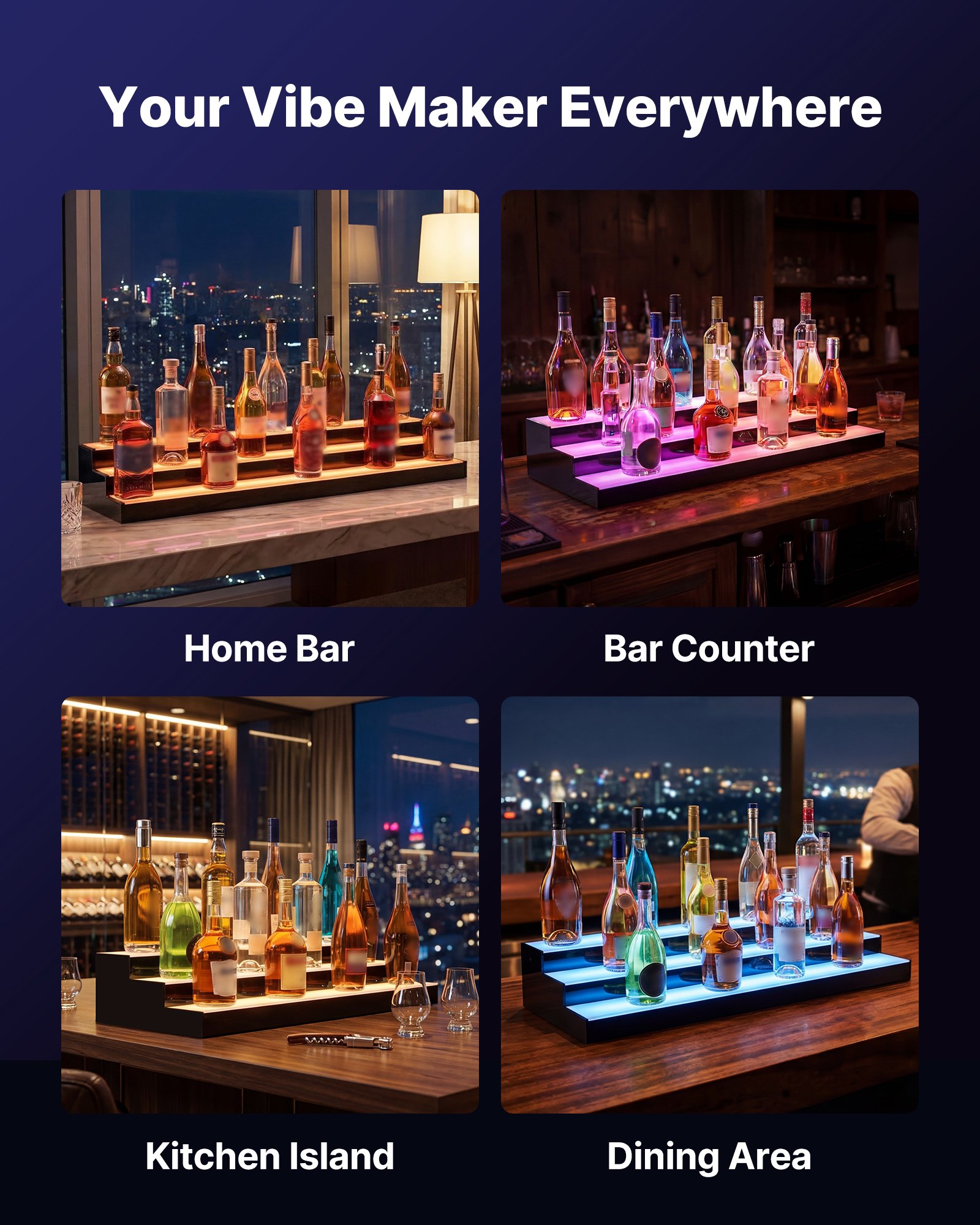 VEVOR LED Lighted Liquor Bottle Display, 3 Tiers 40 inches, Acrylic Illuminated Home Bar Shelf Display with RF Remote & App Control, DIY Setup with Type-C Cables, 9 Static Colors, for 30-39 Bottles