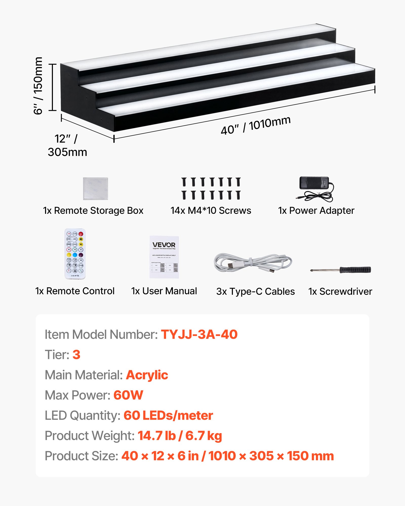 VEVOR LED Lighted Liquor Bottle Display, 3 Tiers 40 inches, Acrylic Illuminated Home Bar Shelf Display with RF Remote & App Control, DIY Setup with Type-C Cables, 9 Static Colors, for 30-39 Bottles