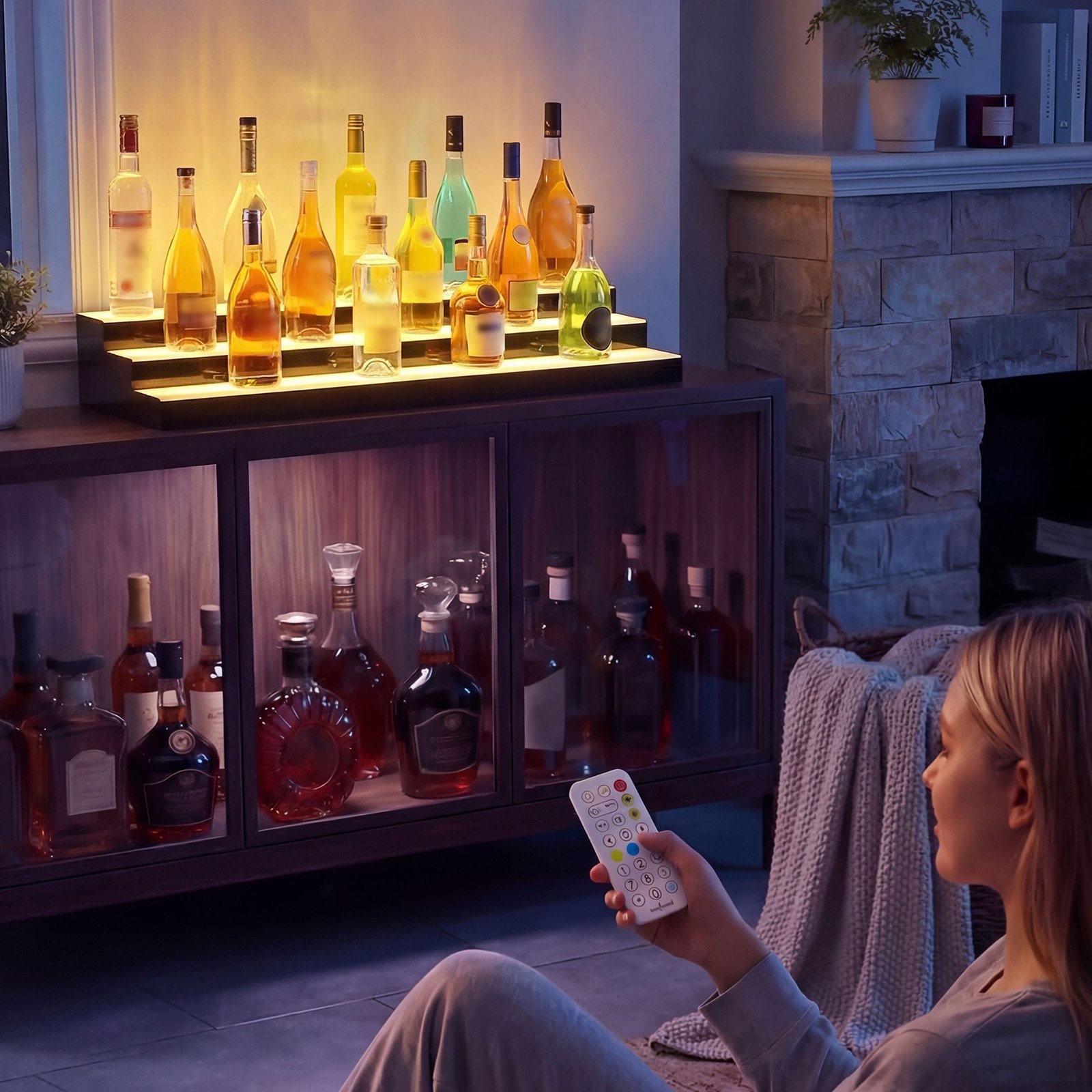 VEVOR LED Lighted Liquor Bottle Display, 3 Tiers 40 inches, Acrylic Illuminated Home Bar Shelf Display with RF Remote & App Control, DIY Setup with Type-C Cables, 9 Static Colors, for 30-39 Bottles