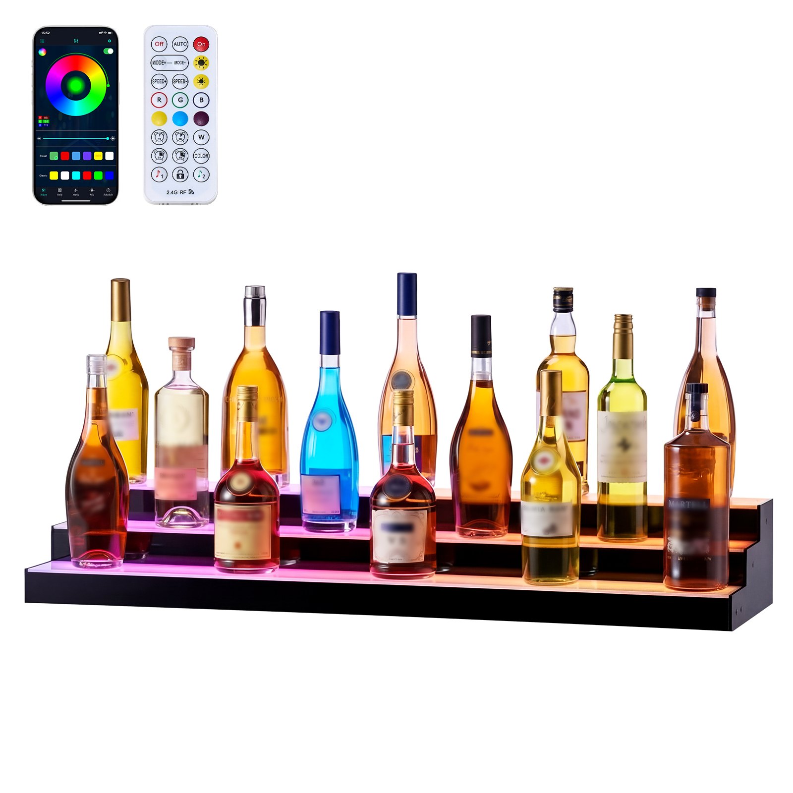 VEVOR LED Lighted Liquor Bottle Display, 3 Tiers 40 inches, Acrylic Illuminated Home Bar Shelf Display with RF Remote & App Control, DIY Setup with Type-C Cables, 9 Static Colors, for 30-39 Bottles