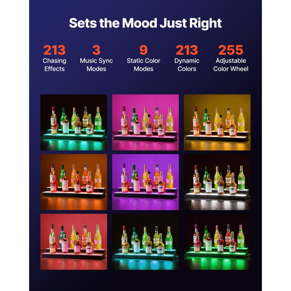 VEVOR LED Lighted Liquor Bottle Display, 2 Tiers 30 inches, Supports USB, Acrylic Illuminated Home Bar Shelf Display with RF Remote & App Control, 9 Static Colors, Timing Mode, for 14-20 Bottles