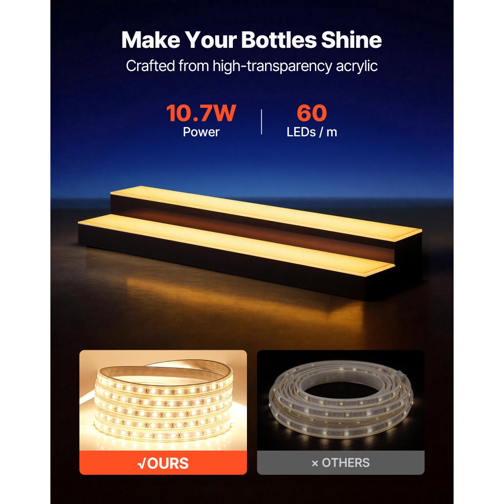 VEVOR LED Lighted Liquor Bottle Display, 2 Tiers 30 inches, Supports USB, Acrylic Illuminated Home Bar Shelf Display with RF Remote & App Control, 9 Static Colors, Timing Mode, for 14-20 Bottles