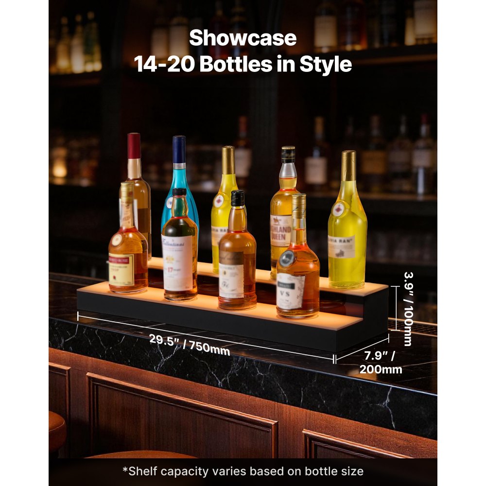 VEVOR LED Lighted Liquor Bottle Display, 2 Tiers 30 inches, Supports USB, Acrylic Illuminated Home Bar Shelf Display with RF Remote & App Control, 9 Static Colors, Timing Mode, for 14-20 Bottles