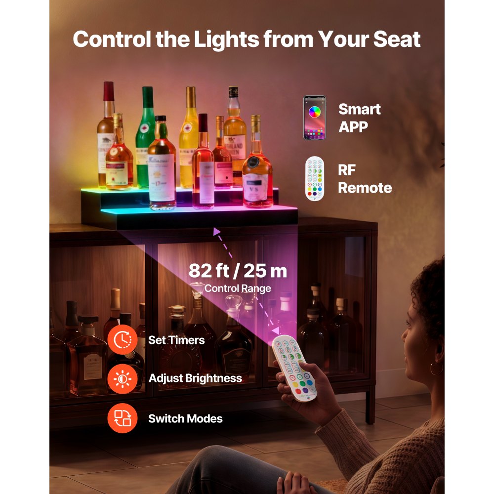 VEVOR LED Lighted Liquor Bottle Display, 2 Tiers 30 inches, Supports USB, Acrylic Illuminated Home Bar Shelf Display with RF Remote & App Control, 9 Static Colors, Timing Mode, for 14-20 Bottles