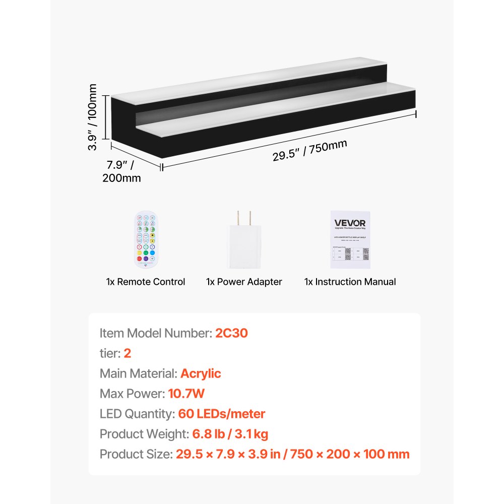 VEVOR LED Lighted Liquor Bottle Display, 2 Tiers 30 inches, Supports USB, Acrylic Illuminated Home Bar Shelf Display with RF Remote & App Control, 9 Static Colors, Timing Mode, for 14-20 Bottles