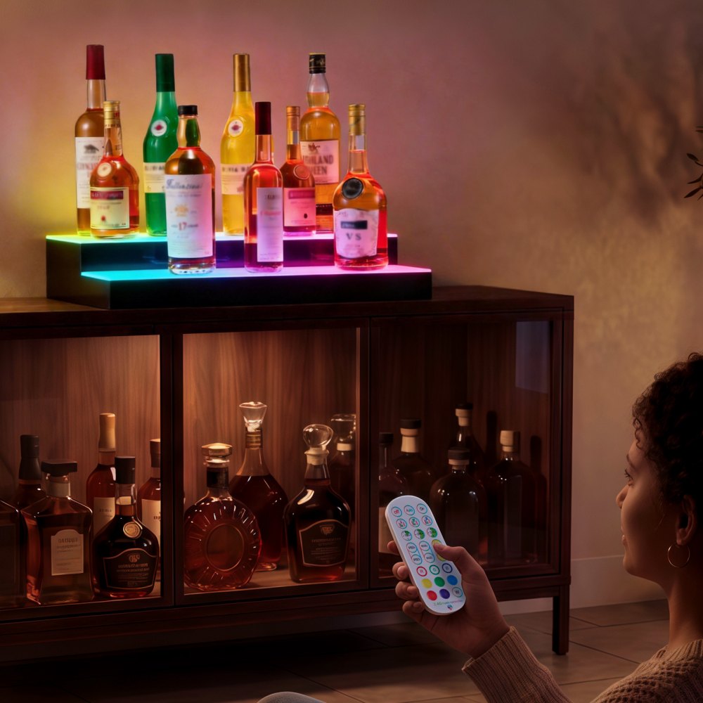 VEVOR LED Lighted Liquor Bottle Display, 2 Tiers 30 inches, Supports USB, Acrylic Illuminated Home Bar Shelf Display with RF Remote & App Control, 9 Static Colors, Timing Mode, for 14-20 Bottles