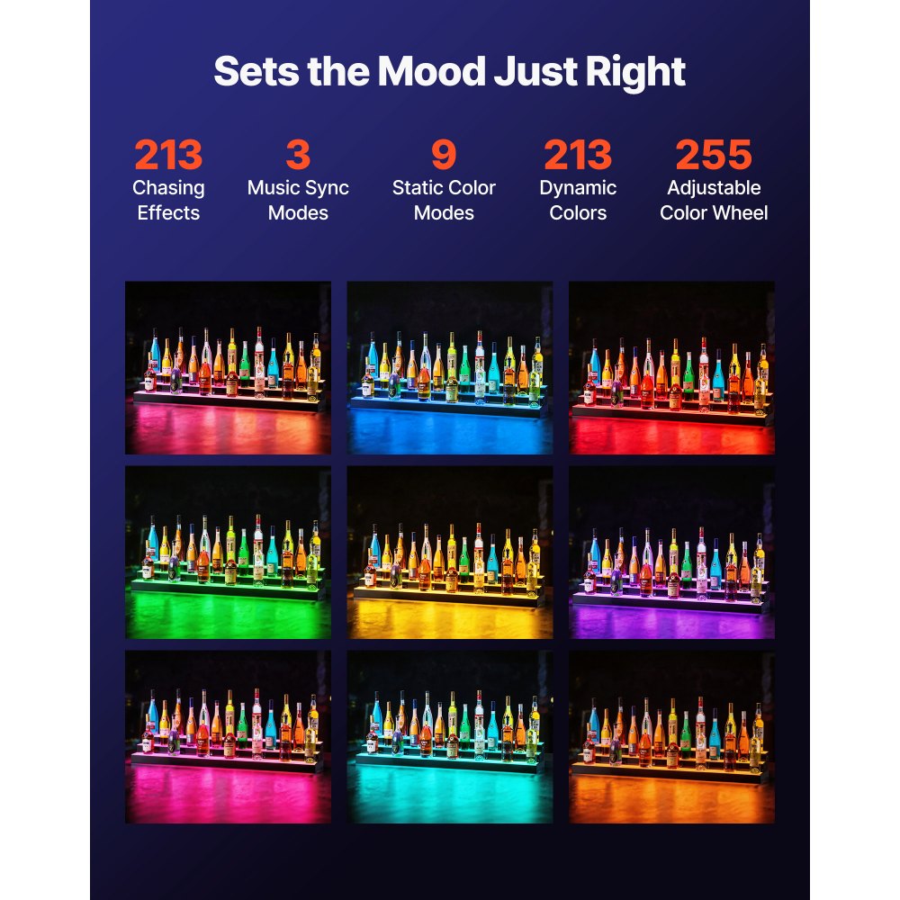 VEVOR LED Lighted Liquor Bottle Display, 3 Tiers 60 inches, Acrylic Illuminated Home Bar Shelf Display with RF Remote & App Control, DIY Setup with Type-C Cables, 9 Static Colors, for 45-60 Bottles