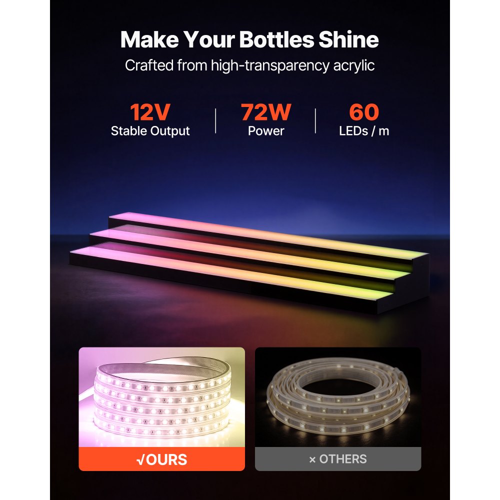 VEVOR LED Lighted Liquor Bottle Display, 3 Tiers 60 inches, Acrylic Illuminated Home Bar Shelf Display with RF Remote & App Control, DIY Setup with Type-C Cables, 9 Static Colors, for 45-60 Bottles