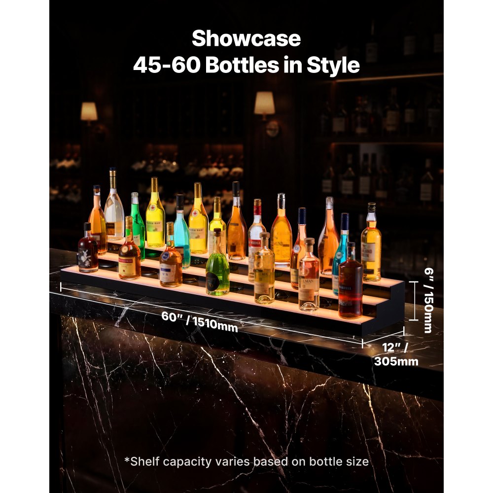 VEVOR LED Lighted Liquor Bottle Display, 3 Tiers 60 inches, Acrylic Illuminated Home Bar Shelf Display with RF Remote & App Control, DIY Setup with Type-C Cables, 9 Static Colors, for 45-60 Bottles