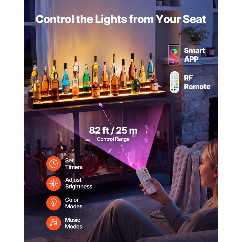 VEVOR LED Lighted Liquor Bottle Display, 3 Tiers 60 inches, Acrylic Illuminated Home Bar Shelf Display with RF Remote & App Control, DIY Setup with Type-C Cables, 9 Static Colors, for 45-60 Bottles