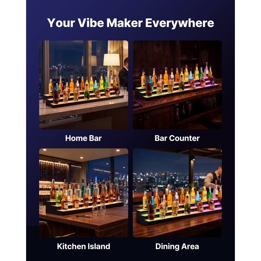 VEVOR LED Lighted Liquor Bottle Display, 3 Tiers 60 inches, Acrylic Illuminated Home Bar Shelf Display with RF Remote & App Control, DIY Setup with Type-C Cables, 9 Static Colors, for 45-60 Bottles
