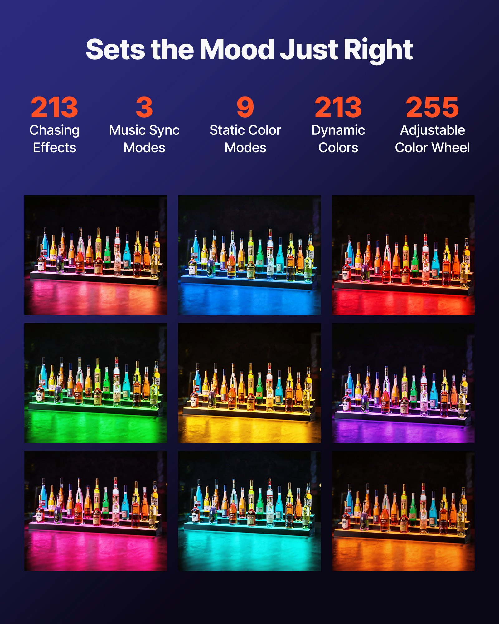 VEVOR LED Lighted Liquor Bottle Display, 3 Tiers 60 inches, Acrylic Illuminated Home Bar Shelf Display with RF Remote & App Control, DIY Setup with Type-C Cables, 9 Static Colors, for 45-60 Bottles