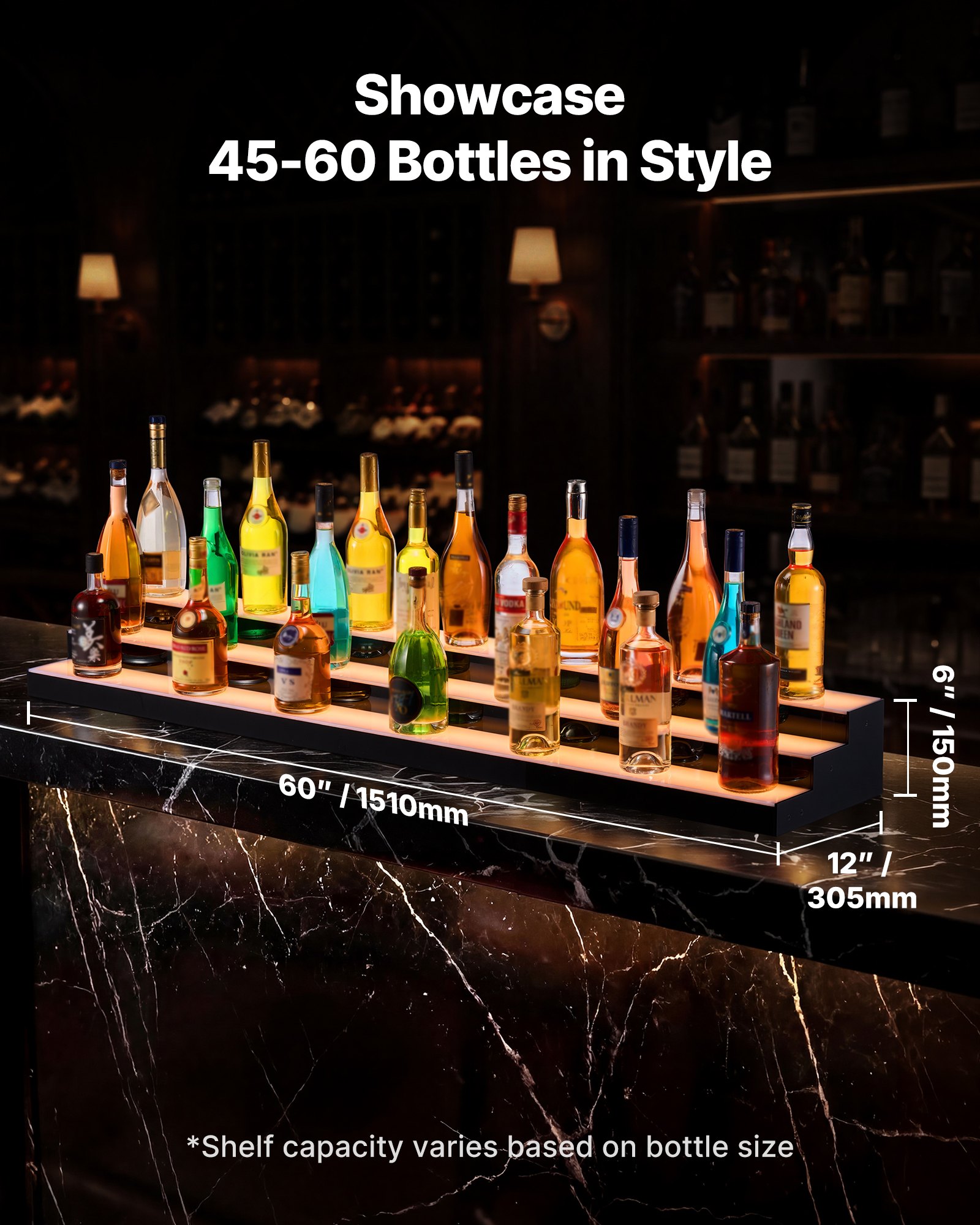 VEVOR LED Lighted Liquor Bottle Display, 3 Tiers 60 inches, Acrylic Illuminated Home Bar Shelf Display with RF Remote & App Control, DIY Setup with Type-C Cables, 9 Static Colors, for 45-60 Bottles