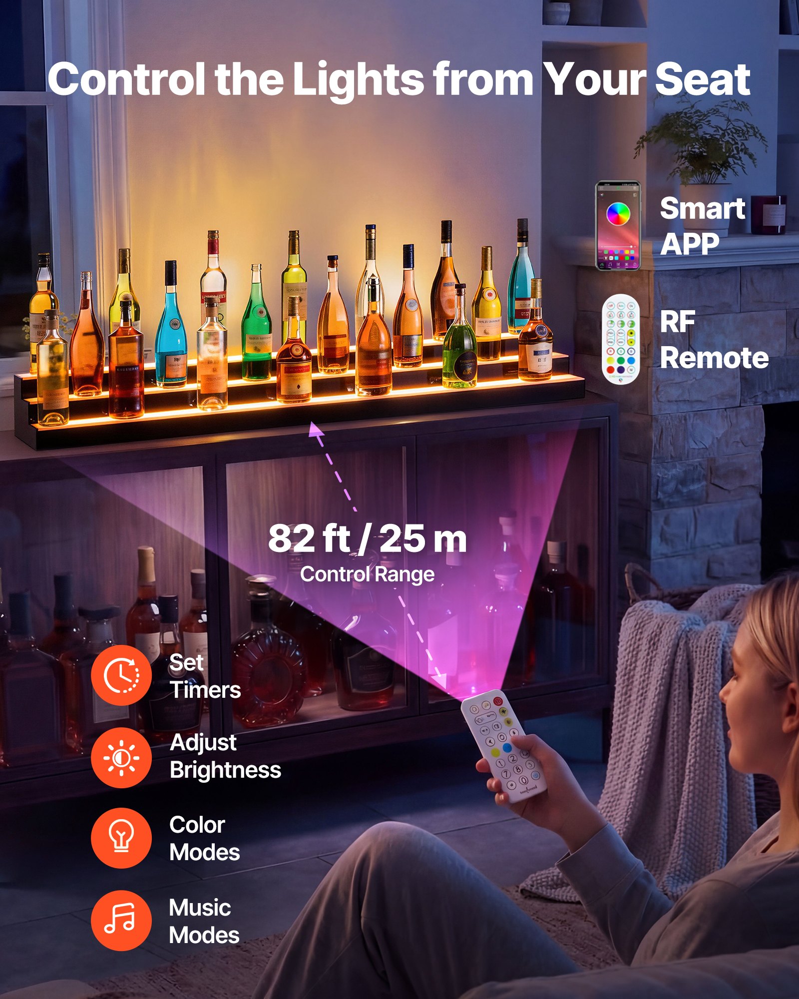 VEVOR LED Lighted Liquor Bottle Display, 3 Tiers 60 inches, Acrylic Illuminated Home Bar Shelf Display with RF Remote & App Control, DIY Setup with Type-C Cables, 9 Static Colors, for 45-60 Bottles