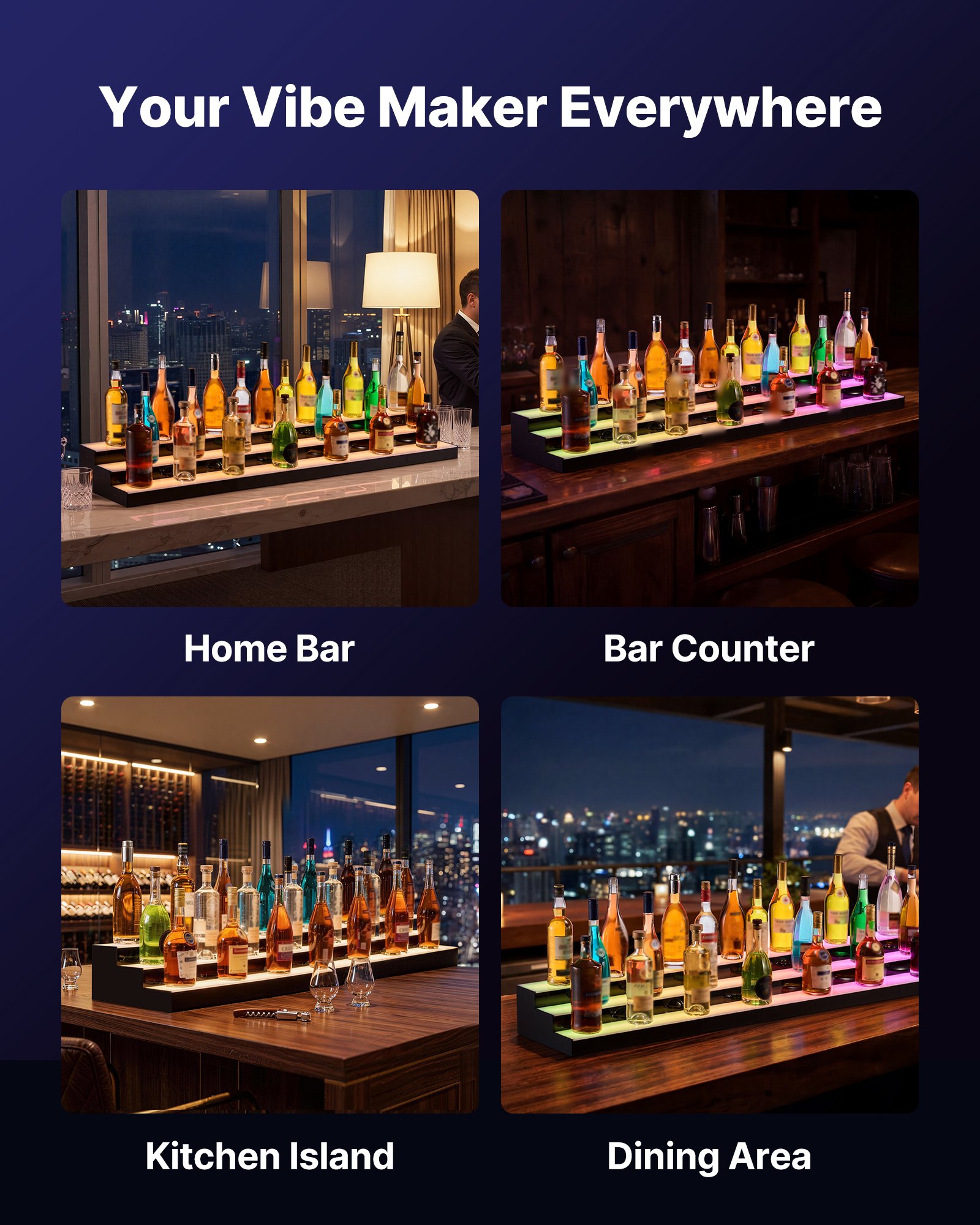 VEVOR LED Lighted Liquor Bottle Display, 3 Tiers 60 inches, Acrylic Illuminated Home Bar Shelf Display with RF Remote & App Control, DIY Setup with Type-C Cables, 9 Static Colors, for 45-60 Bottles