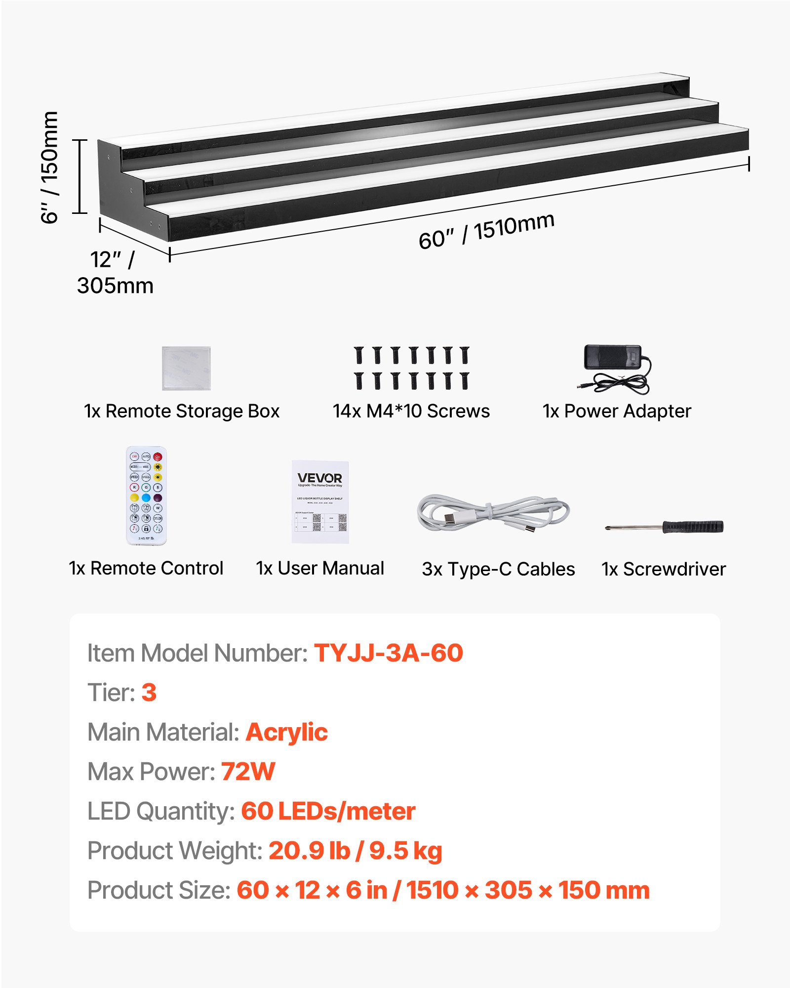 VEVOR LED Lighted Liquor Bottle Display, 3 Tiers 60 inches, Acrylic Illuminated Home Bar Shelf Display with RF Remote & App Control, DIY Setup with Type-C Cables, 9 Static Colors, for 45-60 Bottles