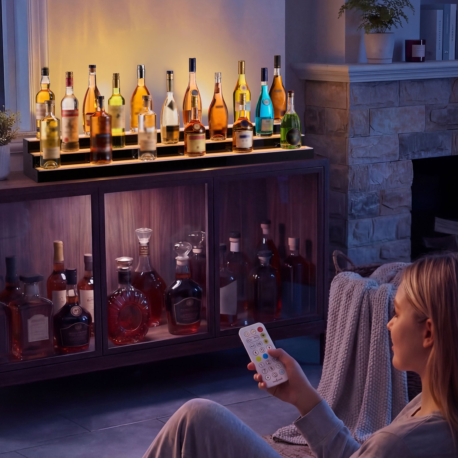 VEVOR LED Lighted Liquor Bottle Display, 3 Tiers 60 inches, Acrylic Illuminated Home Bar Shelf Display with RF Remote & App Control, DIY Setup with Type-C Cables, 9 Static Colors, for 45-60 Bottles