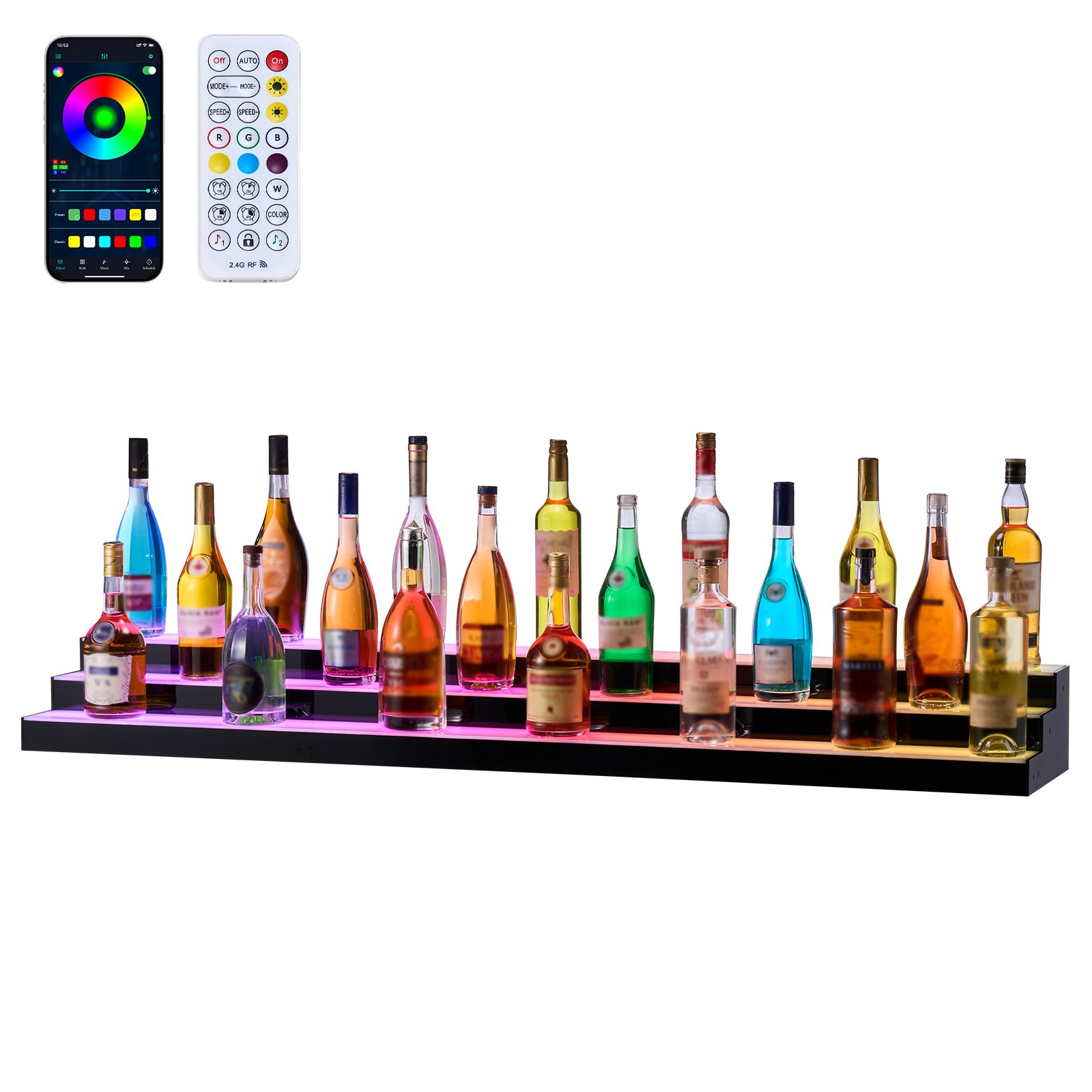 VEVOR LED Lighted Liquor Bottle Display, 3 Tiers 60 inches, Acrylic Illuminated Home Bar Shelf Display with RF Remote & App Control, DIY Setup with Type-C Cables, 9 Static Colors, for 45-60 Bottles