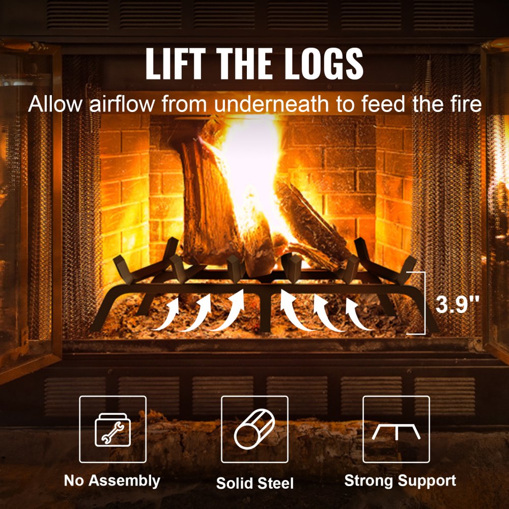 VEVOR Fireplace Log Grate, 685.8mm Heavy Duty Fireplace Grate with 6 Support Legs, 19.05mm Solid Powder-coated Steel Bars, Log Firewood Burning Rack Holder for Indoor and Outdoor Fireplace